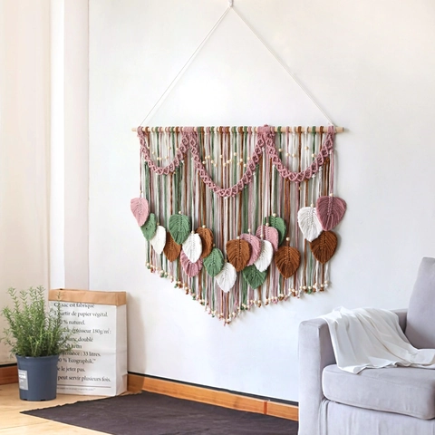 Bohemian Macrame Wall Hanging Handwoven Cotton Leaf Tassel Tapestry With Wood Stick For Bedroom Living Room Decor