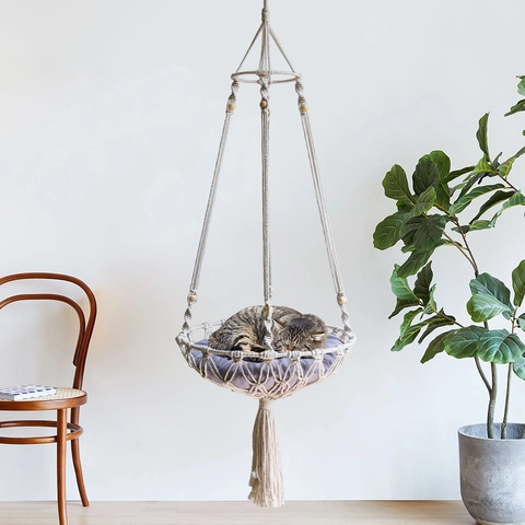 Bohemian Macrame Cat Hammock Bed Hand Woven Polyester Rope Hanging Swing Chair With Tassels For Small Pet Indoor Decor