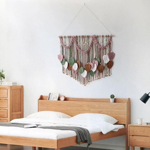 Bohemian Macrame Wall Hanging Handwoven Cotton Leaf Tassel Tapestry With Wood Stick For Bedroom Living Room Decor