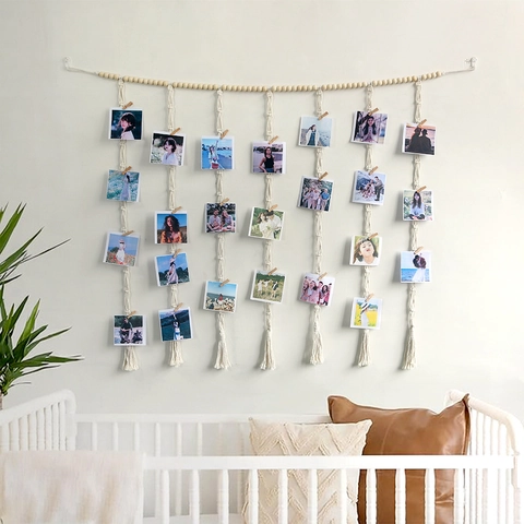 Bohemian Macrame Wall Hanging Photo Display Handmade Cotton Woven Tapestry With Wood Beads And Clips Nordic Style Wall Art Decor