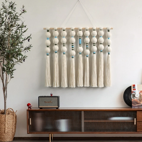 Tapiz Bohemio Tejido a Mano Decoración de Pared Con Borlas y Esferas Cuerda de Algodón Poste de Madera Arte de Pared Casa Hotel
