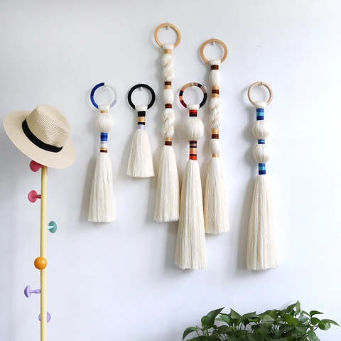 Handmade Woven Tassel Wall Hanging Nordic Style Tassel Room Wall Decor Tapestry Geometric Long Fringe Tassel Hanging Ornament Home Decoration
