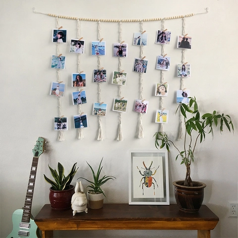 Bohemian Macrame Wall Hanging Photo Display Handmade Cotton Woven Tapestry With Wood Beads And Clips Nordic Style Wall Art Decor