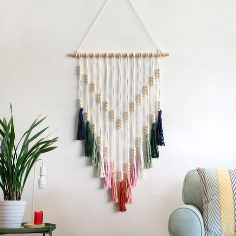 Bohemian Macrame Wall Hanging Handmade Cotton Rope Woven Tapestry With Colorful Tassels And Wood Beads For Living Room Bedroom Home Decor