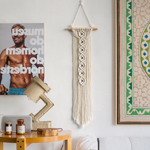 Arazzo in Corda di Cotone Intrecciato a Mano Malocchio Decorazione da Parete Boho Macramé Con Nappine per Soggiorno Casa