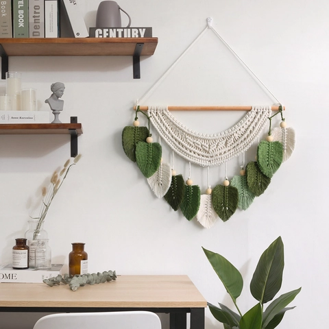 Arazzo da Parete in Macramè Intrecciato a Mano in Stile Boho Nordico in Cotone e Poliestere Con Nappe a Foglia