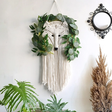 Arazzo Volpe Intrecciato a Mano Nordico in Corda di Cotone Macramè Da Parete Con Foglie Di Eucalyptus Boho Decorazione Animale