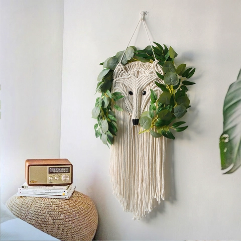 Arazzo Volpe Intrecciato a Mano Nordico in Corda di Cotone Macramè Da Parete Con Foglie Di Eucalyptus Boho Decorazione Animale