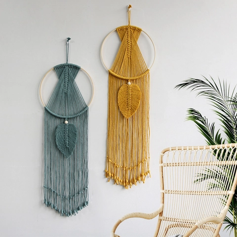Appeso a Parete in Macramè Boho Nordico Arazzo in Corda di Cotone Tessuto a Mano Con Anello in Legno Nappa a Foglia Per Casa