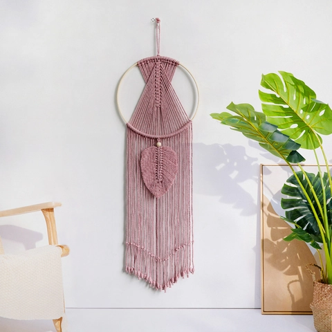 Appeso a Parete in Macramè Boho Nordico Arazzo in Corda di Cotone Tessuto a Mano Con Anello in Legno Nappa a Foglia Per Casa