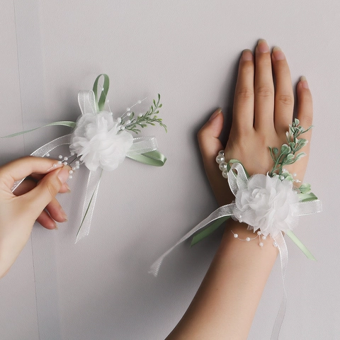 Elegant White Mesh Flower Boutonniere Wristlet Artificial Pearl Ribbon Accessory For Wedding Bridesmaid Groom Party Accessories