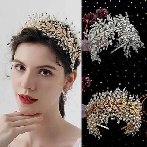 Luxurious Metal Flower Leaf Headband Handmade Woven Artificial Pearl Rhinestone Forest Style Wedding Banquet Hair Accessories
