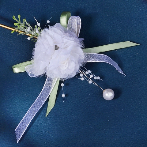 Elegant White Mesh Flower Boutonniere Wristlet Artificial Pearl Ribbon Accessory For Wedding Bridesmaid Groom Party Accessories