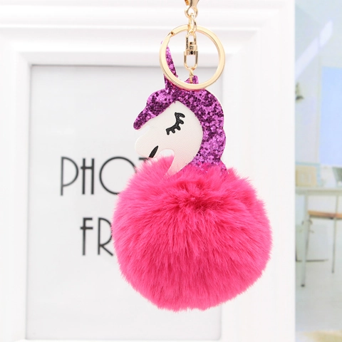 Unicorn Plush Pom Pom Keychain With Sequin Horn Faux Fur Ball Key Ring Pendant For Women Bag Charms Accessories