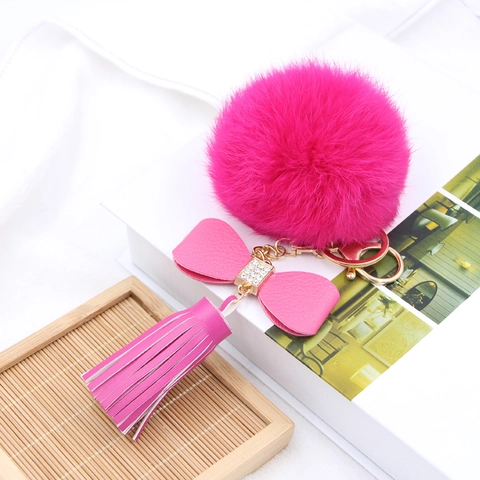 Imitatiebont Bal Sleutelhanger Met PU Lederen Strik Strass Kwast Tas Hanger Voor Vrouwen Auto Sleutelhanger Decoratief Accessoire