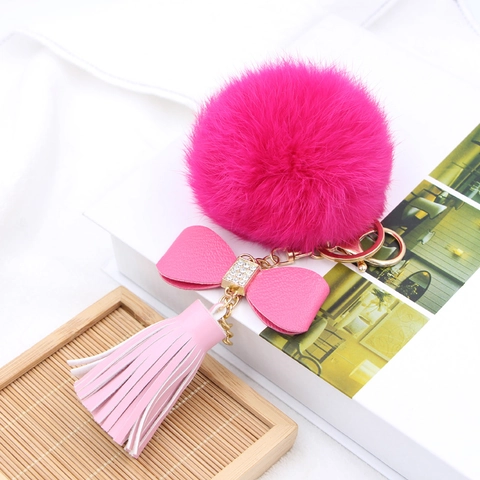 Imitatiebont Bal Sleutelhanger Met PU Lederen Strik Strass Kwast Tas Hanger Voor Vrouwen Auto Sleutelhanger Decoratief Accessoire