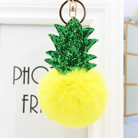 Porte-Clés Créatif en Forme d'Ananas en Fourrure Artificielle Avec Feuilles Pailletées pour Sac Femme et Voiture