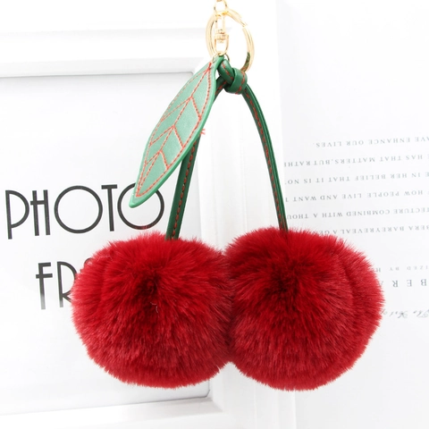 Portachiavi Creativo a Forma di Ciliegia con Pompon in Pelliccia Sintetica Ciondolo a Sfera in Pelliccia di Coniglio Artificiale per Borsa Donna Ragazza