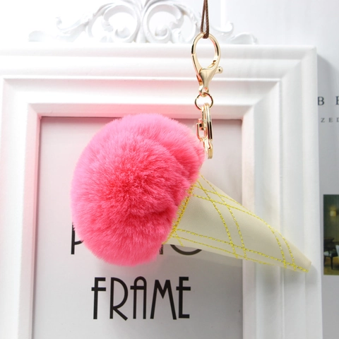 Kreativer Eiscreme Plüschball Schlüsselanhänger Kunstpelz PU Leder Kegel Anhänger Auto Tasche Hängende Dekoration Geschenk