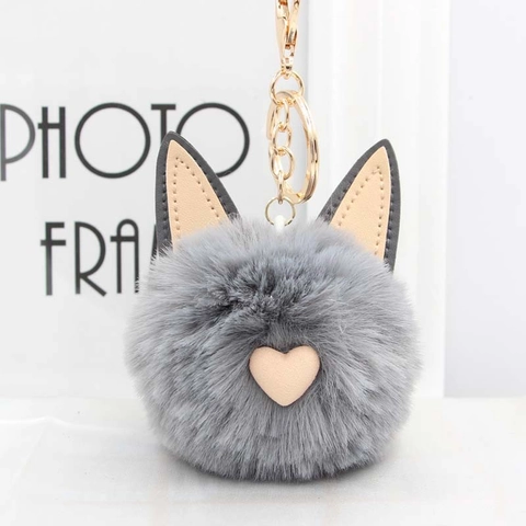 Schattige Kattenoor Nepbont Pompon Sleutelhanger Voor Dames Meisjes Hartpatroon PU Leder Detail Tas Hanger Legering Sleutelring Cadeau