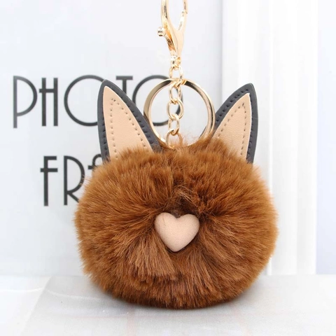 Schattige Kattenoor Nepbont Pompon Sleutelhanger Voor Dames Meisjes Hartpatroon PU Leder Detail Tas Hanger Legering Sleutelring Cadeau