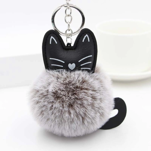 Süßer Cartoon Katze Plüsch Pelzball Schlüsselanhänger Kunstpelz Tasche Anhänger Mit PU Leder Katzenkopf Weichem Pompon Schlüsselring
