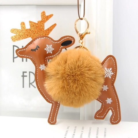Porte-clés Boule de Fourrure Renne de Noël Pendentif de Sac Élan en Peluche Avec Imprimé Flocon de Neige Paillettes Daim PU