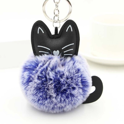 Süßer Cartoon Katze Plüsch Pelzball Schlüsselanhänger Kunstpelz Tasche Anhänger Mit PU Leder Katzenkopf Weichem Pompon Schlüsselring