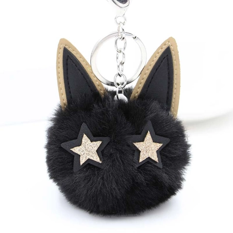 Süßer Plüsch Katzenkopf Pompon Schlüsselanhänger Mit PU Leder Ohren Und Sternenaugen Kunstpelz Tasche Anhänger Damen Geschenk