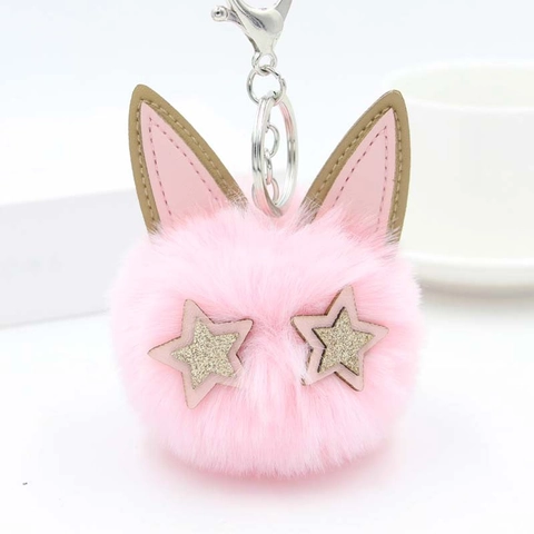 Süßer Plüsch Katzenkopf Pompon Schlüsselanhänger Mit PU Leder Ohren Und Sternenaugen Kunstpelz Tasche Anhänger Damen Geschenk