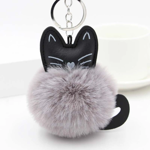Cute Cat Cartoon Faux Fur Ball Keychain Synthetic Leather Animal Bag Charm Pendant For Women Girls Key Accessory Gift