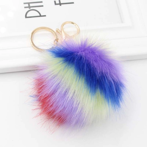 Kunstbont Pluche Bal Sleutelhanger Voor Vrouwen Regenboog Kleurblok Pompom Tas Hanger Sleutelring Goud Metaal Kreeftsluiting