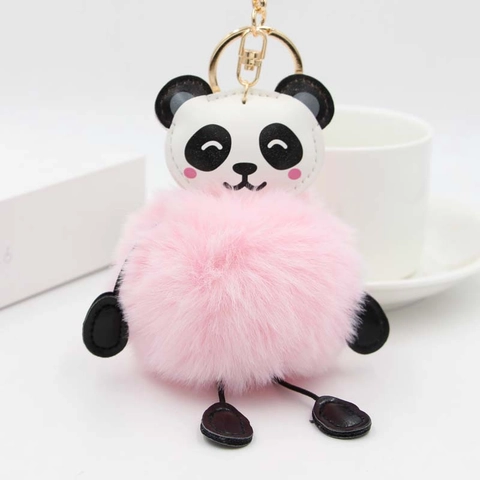 Llavero de Panda con Pompon de Piel Sintética Colgante de Bolso Animal Cabeza de Cuero Sintético Anillo de Metal Accesorios