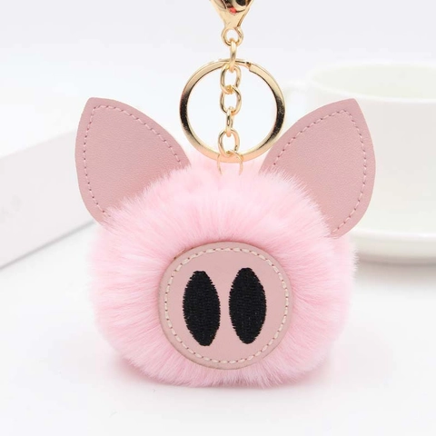 Schattige Varken Pompon Sleutelhanger Nepbont Pluche Bal Tas Hanger Met PU Leren Oren Legering Sleutelring Voor Dames