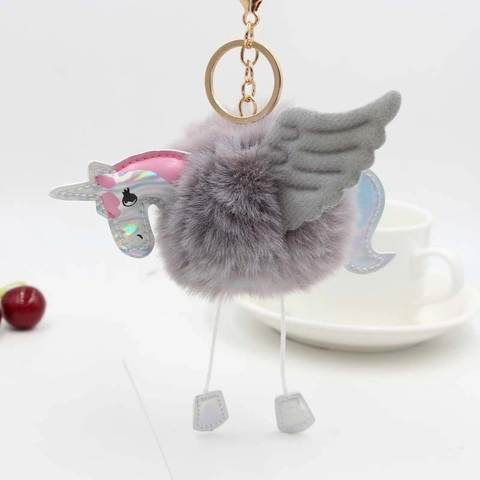 Portachiavi Creativo in Peluche con Palla di Pelo Unicorno Pelle Laser Olografica Ali di Angelo Ciondolo per Borsa Donna