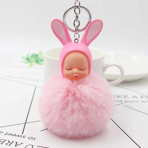 Simpatico Portachiavi a Forma di Coniglio con Bambina Che Dorme Ciondolo per Borsa Pom Pom in Pelliccia Artificiale Regalo