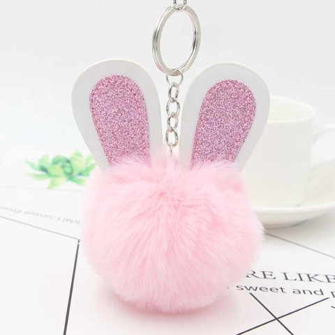 Llavero de Bola de Peluche con Orejas de Conejo de Lentejuelas Colgante de Bolso de Conejito Lindo para Mujer
