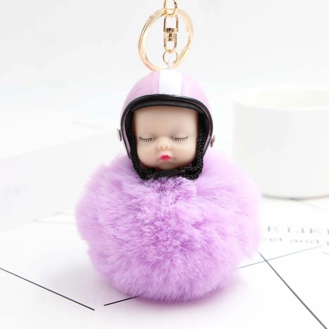 Cute Sleeping Baby Keychain With Mini Helmet Fluffy Pom Pom Artificial Fur Ball Pendant Kawaii Bag Charm Key Ring For Women Girl Gift Accessory