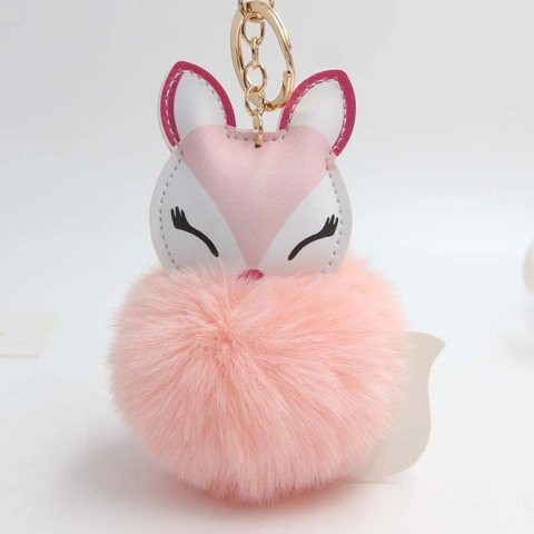 Cute Fox Faux Fur Pom Pom Keychain Soft Synthetic Leather Animal Head Bag Charm For Women Backpack Accessories Gift