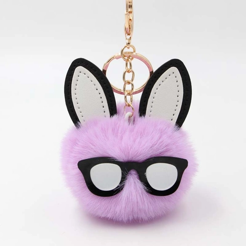 Simpatico Portachiavi a Palla di Peluche a Forma di Coniglio Con Occhiali e Orecchie da Coniglio Pompon in Pelliccia Sintetica per Auto Borsa