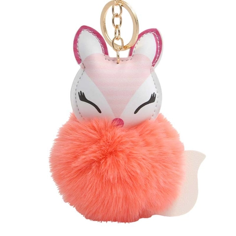 Cute Fox Faux Fur Pom Pom Keychain Soft Synthetic Leather Animal Head Bag Charm For Women Backpack Accessories Gift