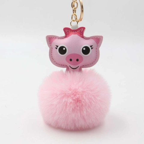 Cartoon Piggy Plush Pom-Pom Keychain Faux Fur Animal Pig Head Bag Pendant Keyring With Alloy Ring For Women Girls