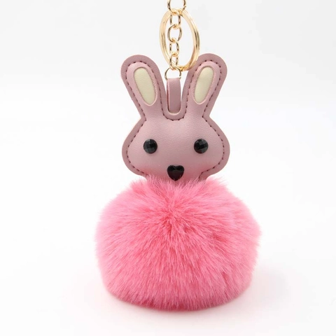 Süßer Hase Plüsch Bommel Schlüsselanhänger Kunstleder Kaninchen Kopf Tasche Anhänger Metall Schlüsselring Für Damen Zubehör