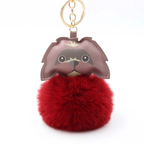 Cute Puppy Cartoon Plush Pom Pom Keychain For Women Girls Faux Fur Dog Face Bag Pendant Fashion Metal Key Ring Accessory