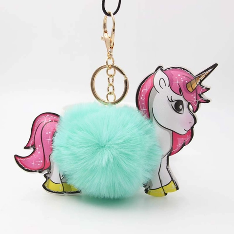 Simpatico Portachiavi a Sfera di Pelo di Peluche Unicorno Pom Pom Ciondolo per Borsa Animali Cartone Animato Con Chiusura Dorata Regalo