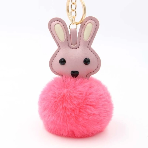 Süßer Hase Plüsch Bommel Schlüsselanhänger Kunstleder Kaninchen Kopf Tasche Anhänger Metall Schlüsselring Für Damen Zubehör