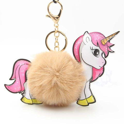 Simpatico Portachiavi a Sfera di Pelo di Peluche Unicorno Pom Pom Ciondolo per Borsa Animali Cartone Animato Con Chiusura Dorata Regalo
