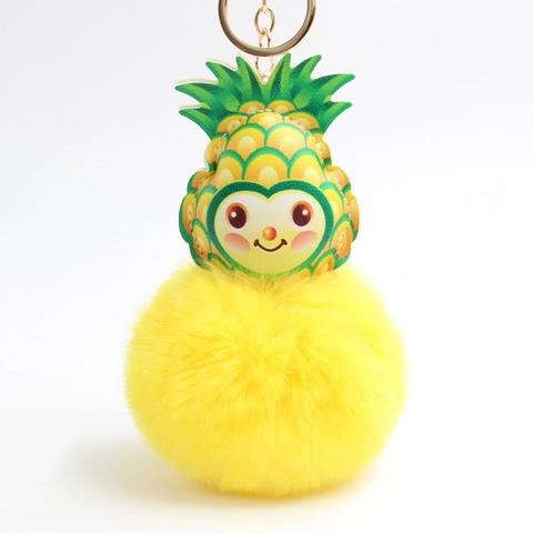 Portachiavi Peluche Ananas Cartone Animato Palla di Pelliccia Sintetica Ciondolo Borsa Pelle PU Pendente Frutta per Donne Bambini