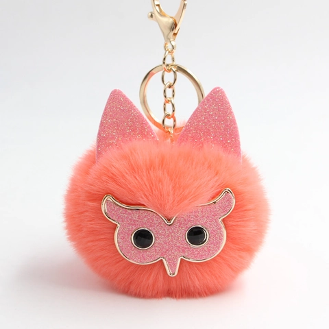 Cute Owl Plush Pompom Keychain With Sequin Mask Cat Ears Faux Fur Bag Charm For Women Girls Decoration Key Ring Accessory