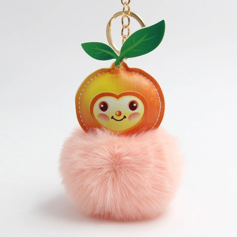 Kreativer Cartoon Frucht Pfirsich Erdbeere Plüschball Schlüsselanhänger Für Damen Taschenanhänger PU Leder Kunstfell Metall Schlüsselring Geschenk